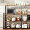 Modern Kitchen Shelving Unit With Microwave Cans Dishes Mixer Vegetables And Organized Storage