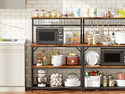 Modern Kitchen Shelving Unit With Microwave Cans Dishes Mixer Vegetables And Organized Storage 3d model