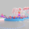 Floral Art Installation With Hourglass Shell Pink Blue Flowers And Greenhouse Structure