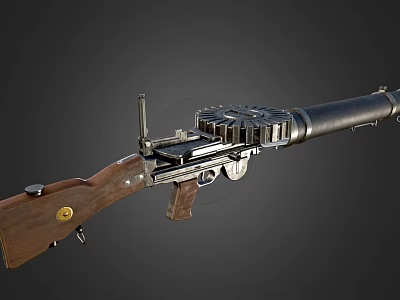 Vintage Machine Gun With Wooden Stock Metal Barrel And Magazine Details 3d model