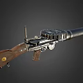 Vintage Machine Gun With Wooden Stock Metal Barrel And Magazine Details