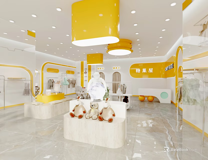 Bright And Modern Kids Clothing Store Interior With Yellow White Decor Clothing Displays And Bright Lighting 3d model 