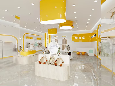 Bright And Modern Kids Clothing Store Interior With Yellow White Decor Clothing Displays And Bright Lighting 3d model