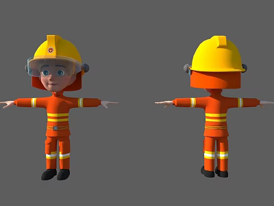 Cartoon Firefighter Game Character With Orange Uniform Yellow Helmet And Reflective Stripes 3d model