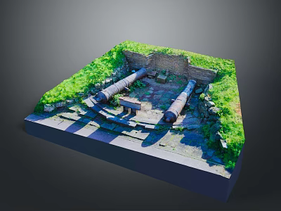 Two Ancient Cannons On Square Base Surrounded By Green Grass And Stone Walls 3d model