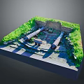 Two Ancient Cannons On Square Base Surrounded By Green Grass And Stone Walls 3d model