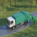 Green Garbage Utility Vehicle with Different Colored Recycling Bins in Outdoor Setting with Trees and Grass