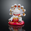 Decorative Ornament Set with White Lucky Cat Multiple Paws Gold Ingots Coins Red Base and Collar