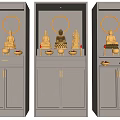 Light Gray Buddhist Shrine Cabinet with Golden Buddha Statues Offerings and Circular Halo Lights