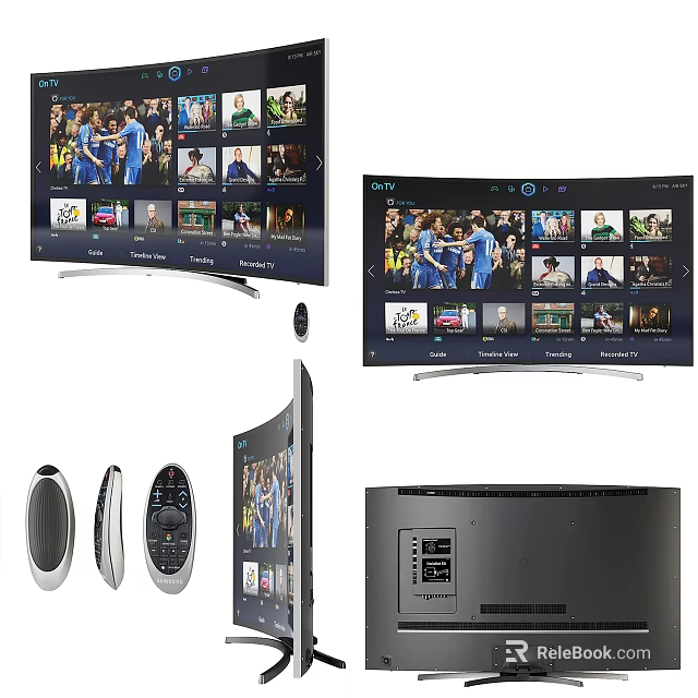 Smart Curved TV Displaying Multiple Apps With Remote Control And Back Ports 3d model 