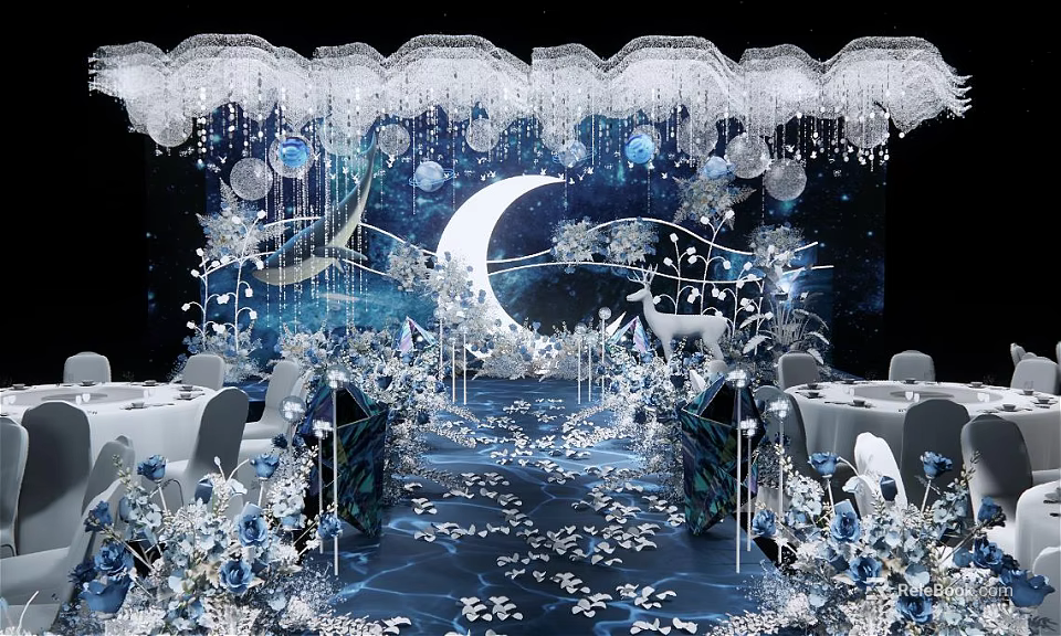 Dreamy Banquet Hall With Starry Sky Moon Blue White Chandeliers And Flower Arrangements 3d model 