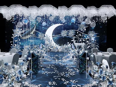 Dreamy Banquet Hall With Starry Sky Moon Blue White Chandeliers And Flower Arrangements 3d model