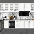 Modern Kitchen Interior With Marble Backsplash Light Gray Glass Door Cabinets And Stainless Steel Appliances