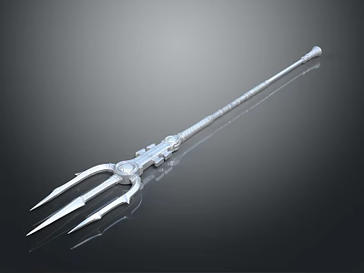 Detailed Silver Trident Weapon Featuring Decorative Handle And Sharp Metal Prongs 3d model