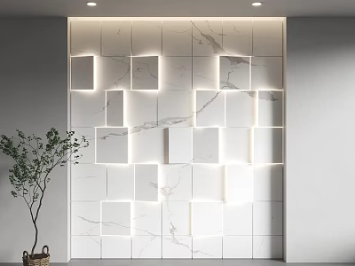 Modern Sofa Accent Wall With Marble Tiles Lighting And Plant 3d model