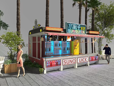 Outdoor Snack Kiosk Exterior With Neon Sign Palm Trees And Pedestrians 3d model