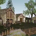 Rustic Wooden Cottage Buildings with Waterfront View and Lush Trees in Natural Setting
