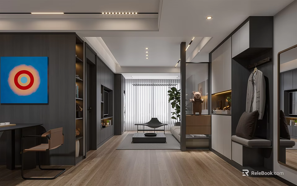 Modern Living and Dining Room Interior Design With Open Layout Wooden Flooring Artwork and Plant 3d model 