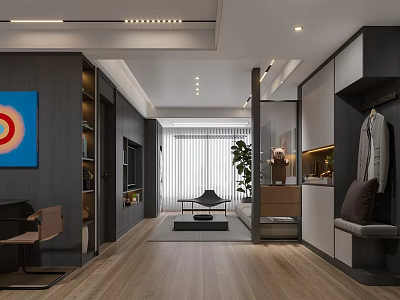 Modern Living and Dining Room Interior Design With Open Layout Wooden Flooring Artwork and Plant 3d model