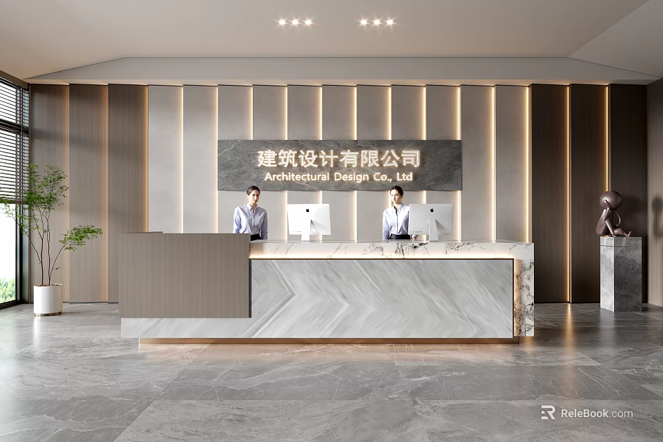 Modern Reception Desk for Architectural Design Company with Marble Countertop and Office Staff 3d model 