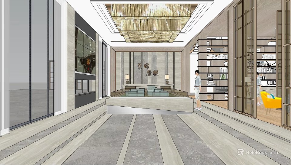 Elegant Sales Office Interior with Luxury Chandelier Reception Desk and Marble Floor Display Shelves 3d model 