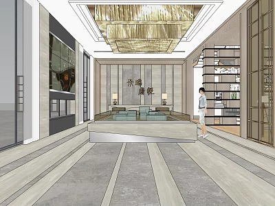Elegant Sales Office Interior with Luxury Chandelier Reception Desk and Marble Floor Display Shelves 3d model
