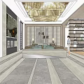 Elegant Sales Office Interior with Luxury Chandelier Reception Desk and Marble Floor Display Shelves