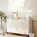 Modern White Console Cabinet With Wavy Texture Gold Handles Decorative Items And Potted Plant