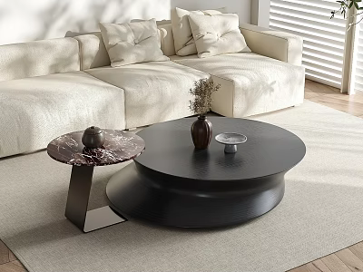 Black Round Coffee Table with Marble Side Table Vase Decor Items White Sofa Beige Carpet 3d model