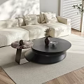 Black Round Coffee Table with Marble Side Table Vase Decor Items White Sofa Beige Carpet 3d model