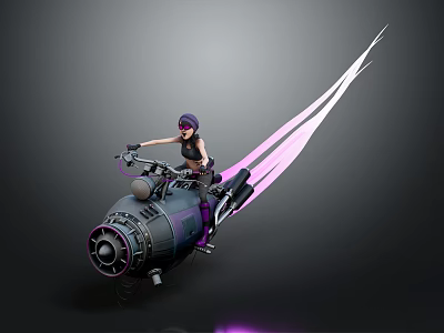 Futuristic Motorcycle with Rocket Thrusters and Purple Flame Trails Ridden by Person in Dark Background 3d model