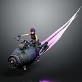 Futuristic Motorcycle with Rocket Thrusters and Purple Flame Trails Ridden by Person in Dark Background
