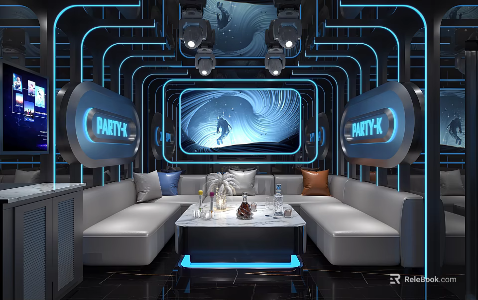 Modern KTV Private Room Featuring Blue Lighting Sofa Coffee Table And Party Screen 3d model 
