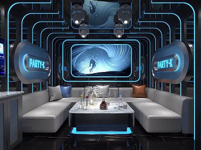 Modern KTV Private Room Featuring Blue Lighting Sofa Coffee Table And Party Screen 3d model
