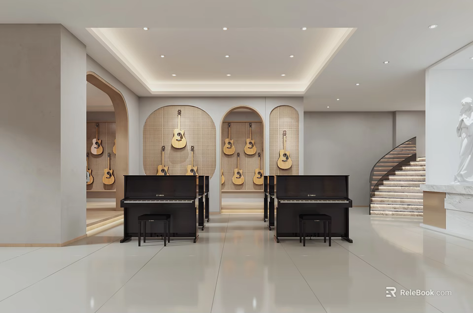 Modern Musical Instrument Store With Acoustic Guitars And Black Grand Pianos 3d model 