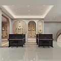 Modern Musical Instrument Store With Acoustic Guitars And Black Grand Pianos