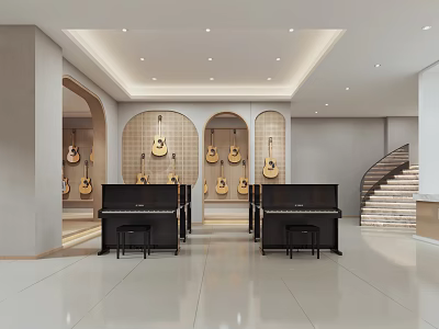 Modern Musical Instrument Store With Acoustic Guitars And Black Grand Pianos 3d model