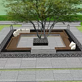 Scenic Feature Wall in Park Area with Large Trees Stone Platform Seating and People