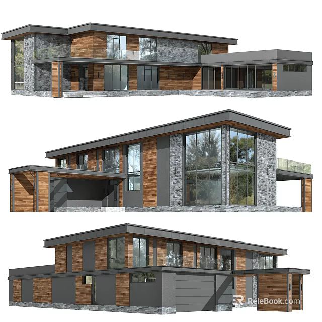 Modern Detached House Exterior Design With Wood Stone Siding Large Windows And Balcony 3d model 