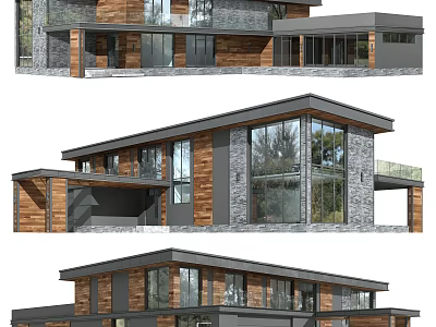 Modern Detached House Exterior Design With Wood Stone Siding Large Windows And Balcony 3d model