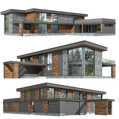 Modern Detached House Exterior Design With Wood Stone Siding Large Windows And Balcony 3d model