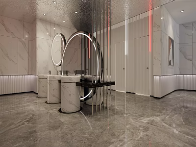 Modern Public Restroom With Marble Walls Circular Mirrors And Washbasins 3d model
