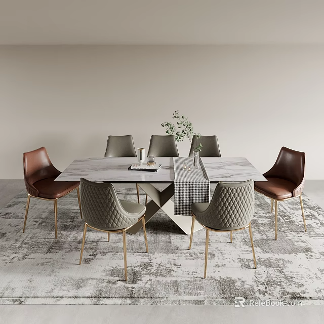 Elegant Dining Table Set With Marble Tabletop Brown Gray Chairs Golden Legs And Decorative Green Plant 3d model 