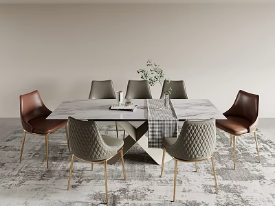 Elegant Dining Table Set With Marble Tabletop Brown Gray Chairs Golden Legs And Decorative Green Plant 3d model
