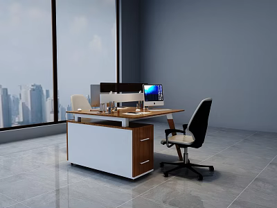 Modern Office Desk With Computer Monitor And Black White Chair By Large Window City View 3d model