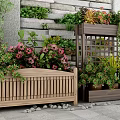 Lovely Garden Decor With Wooden Planters Trellis Stone Wall And Colorful Climbing Plants