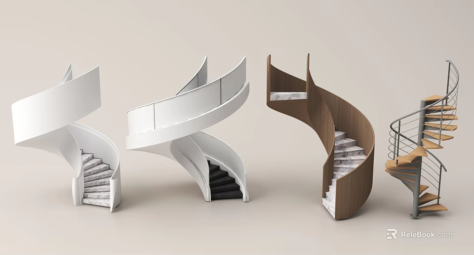 Modern Curved Spiral Staircase Design With White Black And Wooden Interior Structures 3d model 