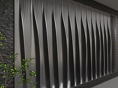 Sleek Black Metallic Background Wall With Wavy Vertical Slats And Green Accent Plants 3d model