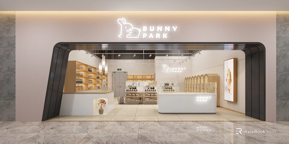 Modern Bunny Park Shop Front With Illuminated Signage Rabbit Logo And Neat Shelves Counter 3d model 