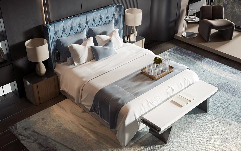 Modern Luxury Double Bed with Blue Headboard White Sheets and Nightstands Table Lamps Rug Bench 3d model 